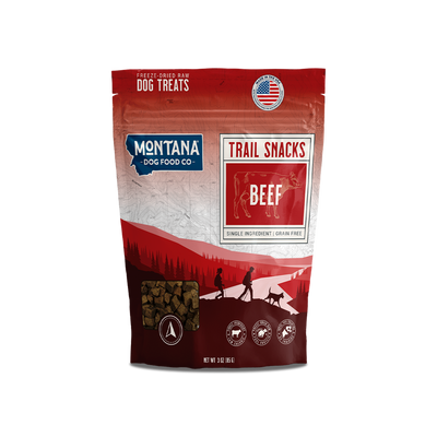 Montana Dog Food Co. beef trail snacks packaging on a white background