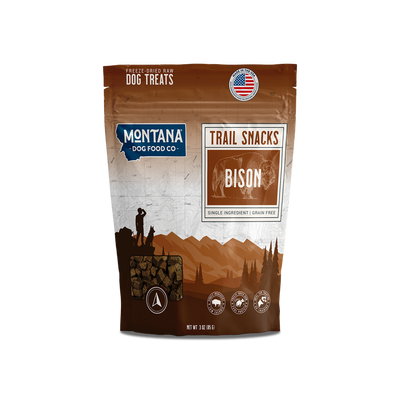 Montana Dog Food Co. bison trail snacks packaging on a white background
