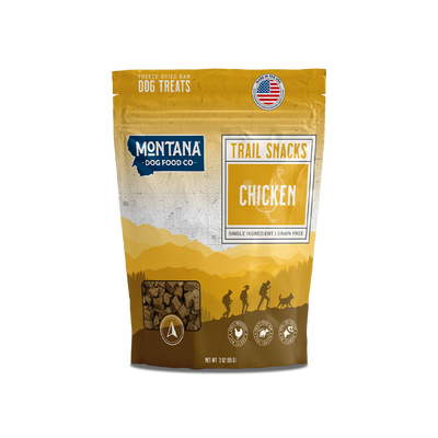 Montana Dog Food Co. trail snacks packaging with chicken flavor on a white background